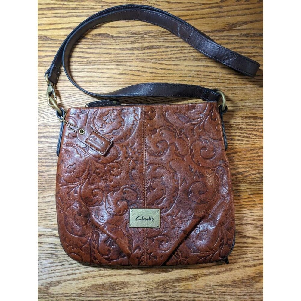 Vintage Clarks Brown leather embossed crossbody hobo bag
